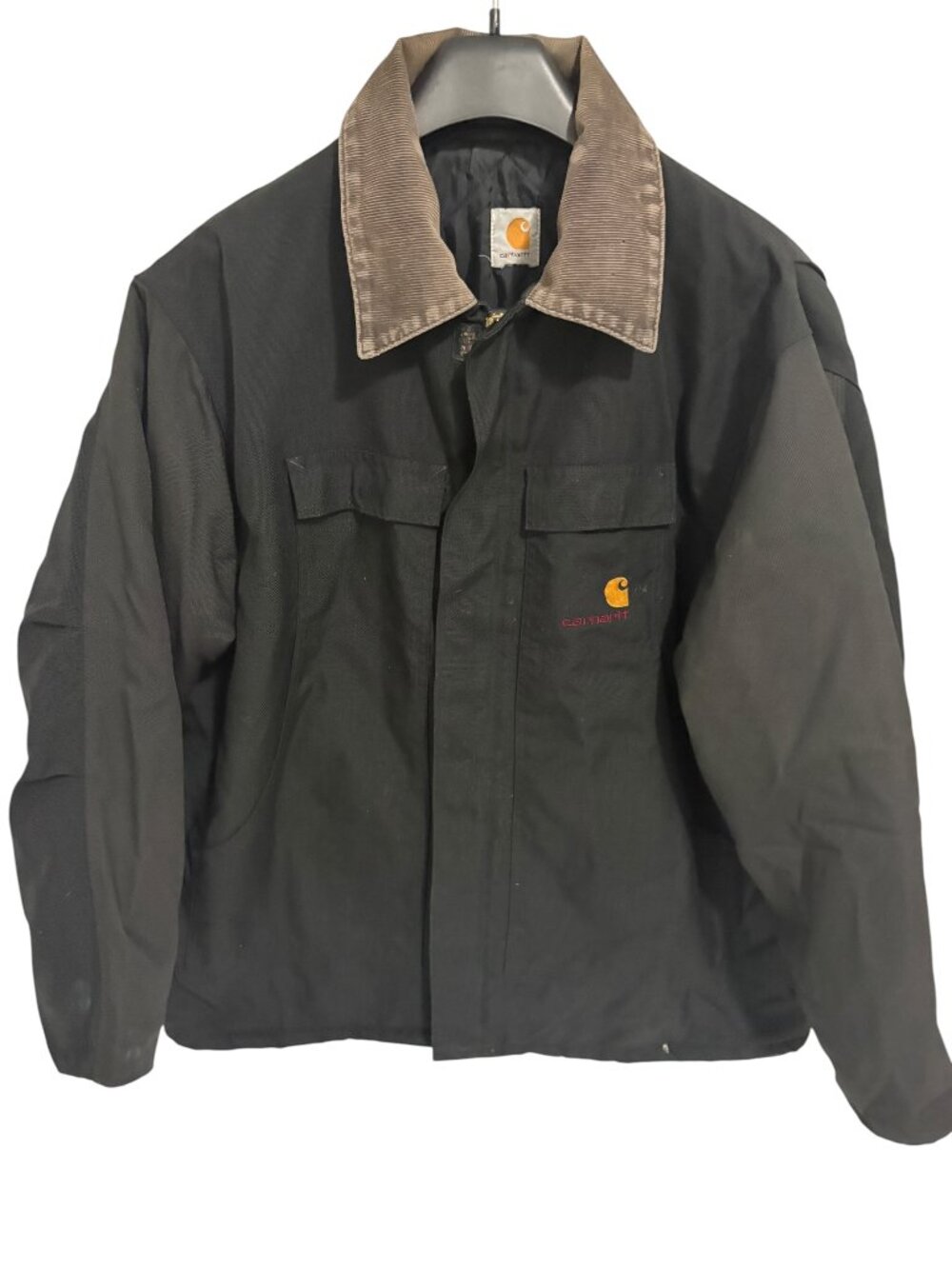 Vintage Carhartt Black Barn Chore Logo Jacket Quilt Lined Brown Cord Trim 2XL